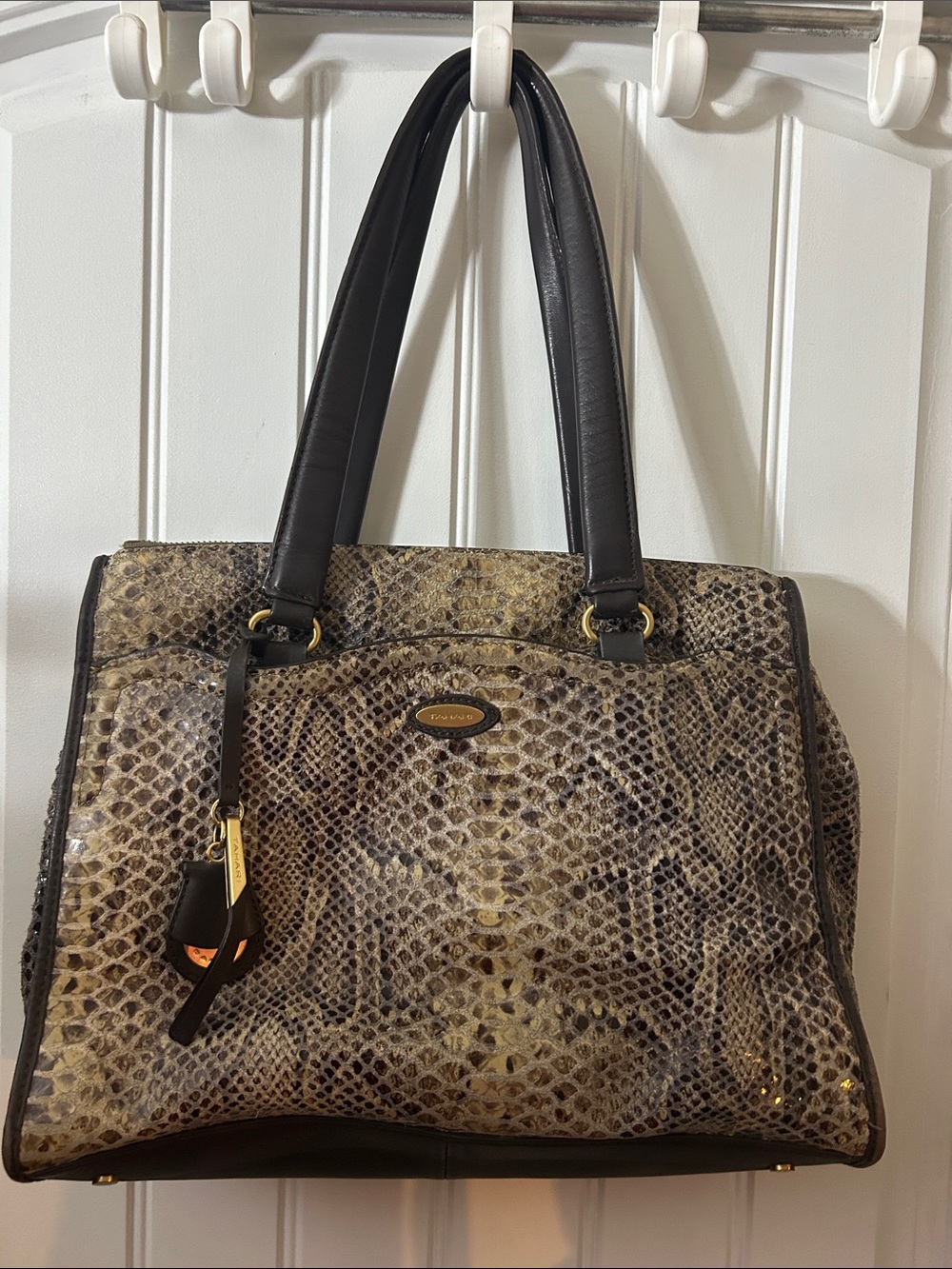 Tahari Brown Snake-Print Satchel with Black Handles